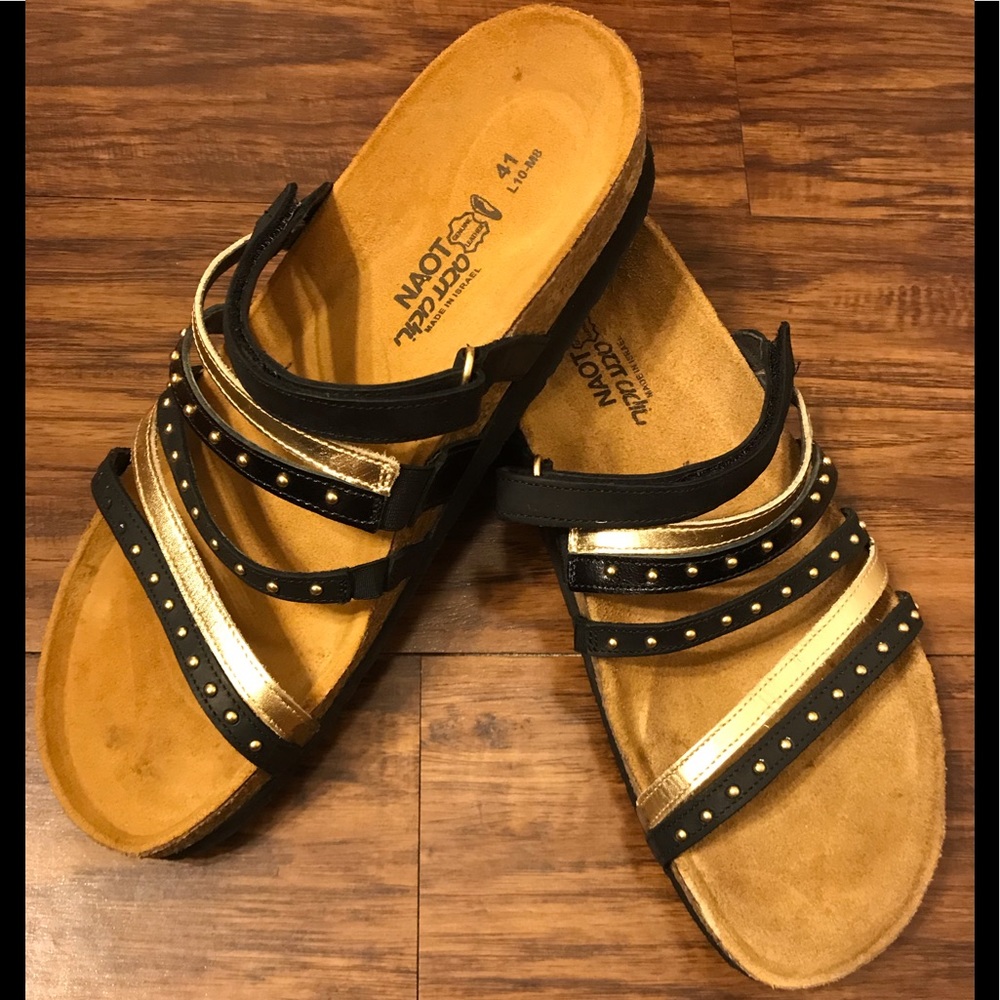 Naot Black and Gold Studded Multi-Strap Sandals
